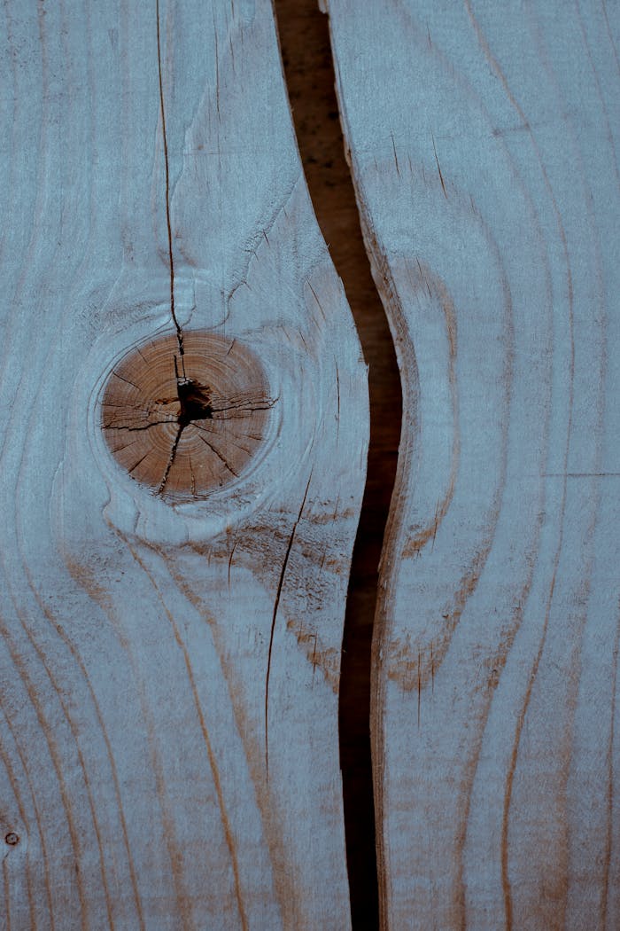 Detailed shot of wooden texture showing natural knots and cracks, showcasing rustic aesthetics.